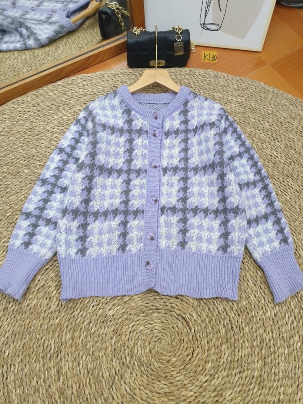 Lavender Houndstooth Knit Cardigan Round Neck Cropped Sweater